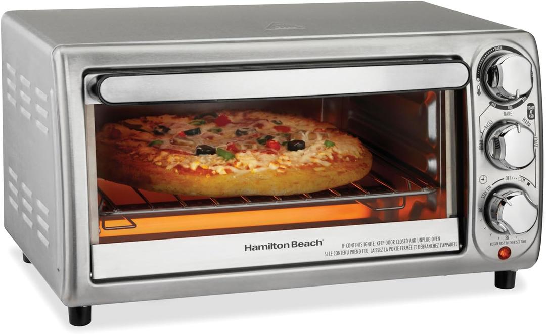 Hamilton Beach 4-Slice Toaster Oven with 5 Cooking Modes (Bake, Broil, Keep Warm Toast & Bagel) with Stay On & Auto Shutoff, 2 Rack Positions, 1100 Watts and 3 Accessories, Stainless Steel