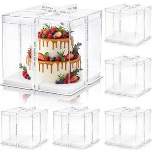 Cididu 6 Pcs Clear Cake Box with Ribbon 2-Layer 10x10x10 Inch, Transparent Cake Carrier Box with Lids, PET Tall Cake Packaging Boxes, Clear Gift Boxes for Mother's Day Birthday Wedding Festival Party