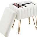 DUMOS Vanity Stool Chair Ottoman with Storage, Makeup Cute Soft Small Footstool Modern Style Faux Fur Seat with 4 Metal Legs & Adjustable Feet for Dressing Living Room Bedroom Dorm, 12.2" x 16" x 18.9"
