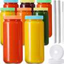 8 Pack Glass Juicing Bottle Drinking Jars with 2 Straws & 2 Lids w Hole- 16 OZ Travel Water Cups with Colored Airtight Lids, Reusable Tall Mason Jar for Juice, Bubble Tea, Smoothie, Tea, Kombucha