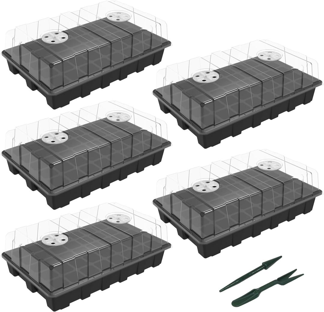 Gardzen 5-Set Seed Starter Tray Kits, Durable Plant Germination Trays with Humidity Vented Domes and Bases, Ideal for Seed Starting, Indoor Gardening, and Greenhouse (Total 200 Cells)