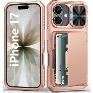 BXYJY for iPhone 17 Case Wallet, Card Holder (4-5 Cards), Slide Camera Cover, Military Grade Protection, Rugged Women Girly Men Shockproof Hard Protective Phone Case for iPhone 17 6.3", Rose Gold