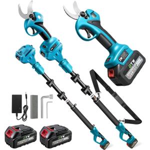Electric Pruning Shears with Pole 1.4-2.0 Cutting Diameter & 2-IN-1 Electric Pole Pruner,2PCS 21V 3.0Ah Batteries,Brushiless Motor,4 Modes Adjustable Branches Cutter for Flower, Tree Trimming(Blue)