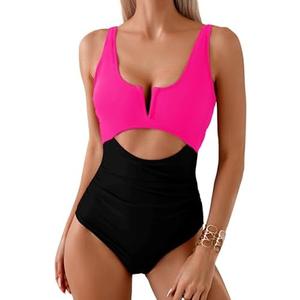 HXN Women's One Piece Swimsuit Tummy Control Bathing Suit Color Block Cutout Slimming Swim Suit Swimwear 2025 Size S