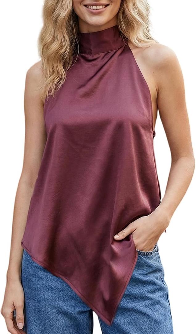 Women's Satin Halter Top Backless Sleeveless Cami High Neck Silk Tank Top Asymmetrical Hem Night Out Outfits Tee (L)