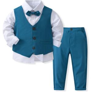 Boys 3Pcs Clothing Sets Cotton Long Sleeve Bowtie Shirts +Vest +Pants Casual Suit (4T/110, Dark Blue)