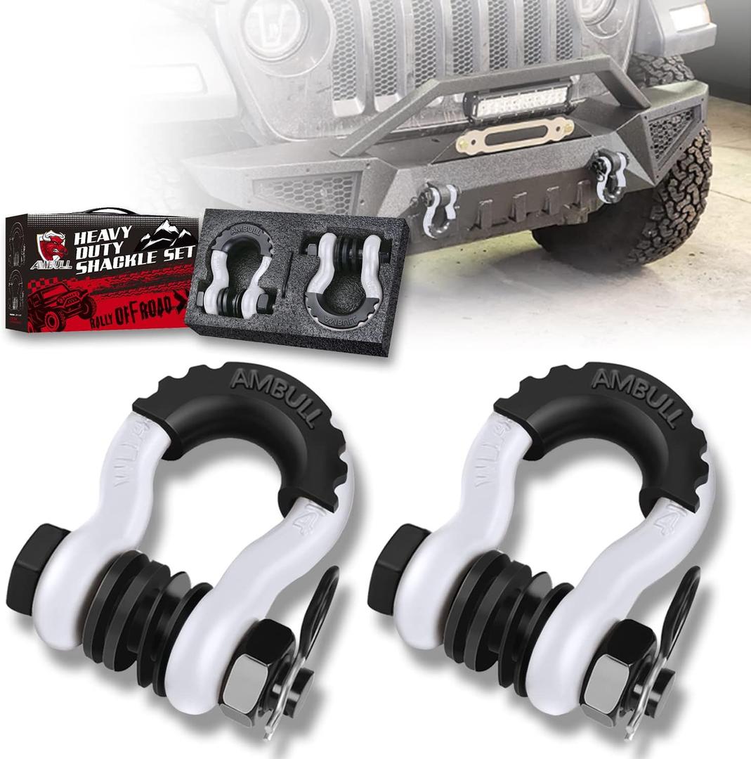 Shackles 3/4 Inch D Ring Shackle (2 Pack) 45,000lb Break Strength with 7/8 Inch Pin, Isolator and Washer Kits for Use with Tow Strap, Winch, Off-Road Jeep Truck Vehicle Recovery, White