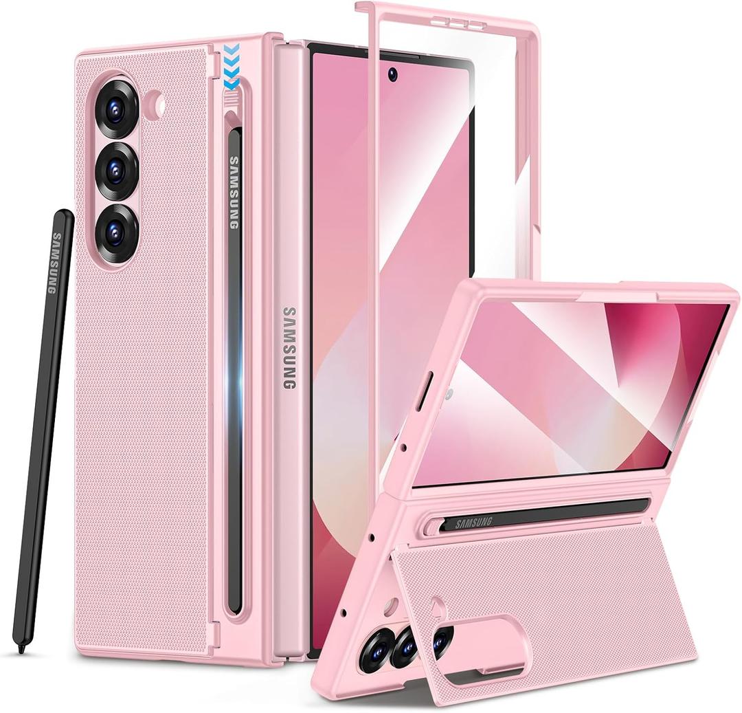 Maxdara for Z Fold 6 Case, Galaxy Z Fold 6 Case with S Pen Holder, Built-in Kickstand and Screen Protector Support Wireless Charging Shockproof Slim Phone Cover, Pink
