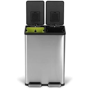 SIMPLI-MAGIC 60 Liter / 16 Gallon Rectangular Hands-Free Dual Compartment Recycling Kitchen Step Trash Can with Soft-Close Lid, Brushed Stainless Steel