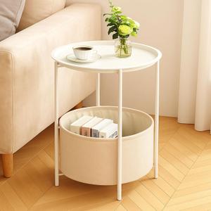 ShellKingdom End Table, Small Round Side Table with Fabric Basket, Metal Night Stand with Removable Tray for Living Room, Bedroom, Nursery, Laundry (White), 18.5 x 18.5 x 19.9 inches