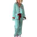 Argeousgor Women Christmas Satin Pajamas Striped 2 Piece Pjs Set Long Sleeve Button Down Shirt Bow Tie Shorts Sleepwear A-green, Medium