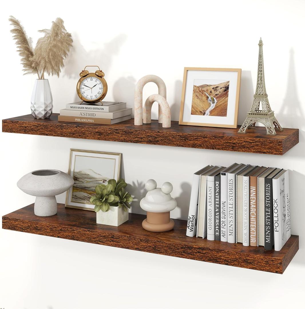Floating Shelves for Wall, 9.3" Deep Wall Mounted Wood Shelves for Bathroom, Bedroom, Living Room, Kitchen, Hanging Shelf for Books/Storage/Room Decor (Brown, 40") (40" Set of 2)