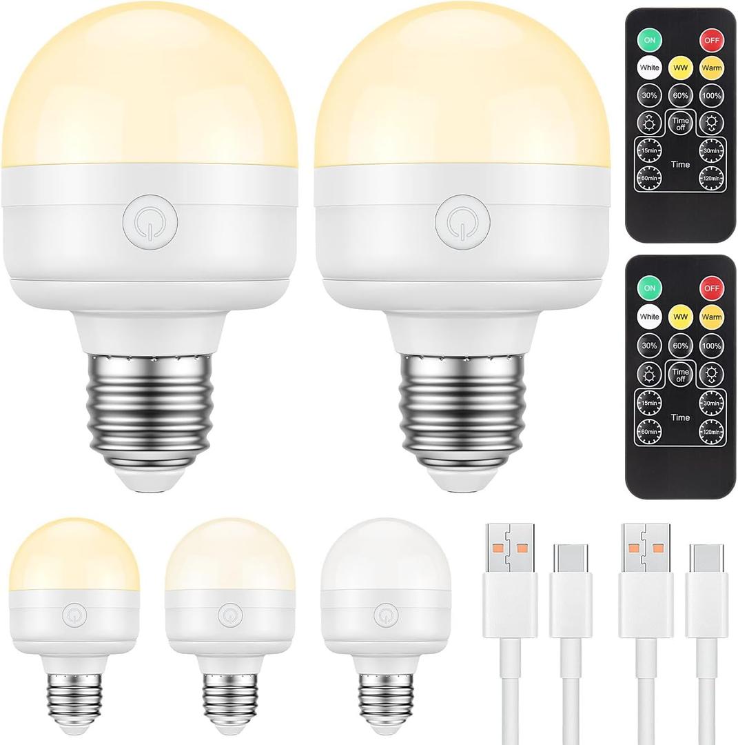 2Packs E26 Rechargeable Light Bulbs with Remote and Timer, 8W 600lm Bright Magnetic Light Bulbs, 2500mAh Battery Operated Lightbulbs, 3 Color Temperature, Dimmer for Non-Hardwired Lamp 2Packs E26 Rechargeable Light Bulbs with Remote and Timer, 8W 600lm Bright Magnetic Light Bulbs, 2500mAh Battery Operated Lightbulbs, 3 Color Temperature, Dimmer for Non-Hardwired Lamp