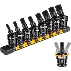 BOEN 8-Pieces Universal Hex Bit Driver Impact Socket, 1/2" Drive SAE Size (1/4", 5/16", 3/8", 7/16", 1/2", 9/16", 5/8" and 3/4") With Socket Rail, CR-MO Steel