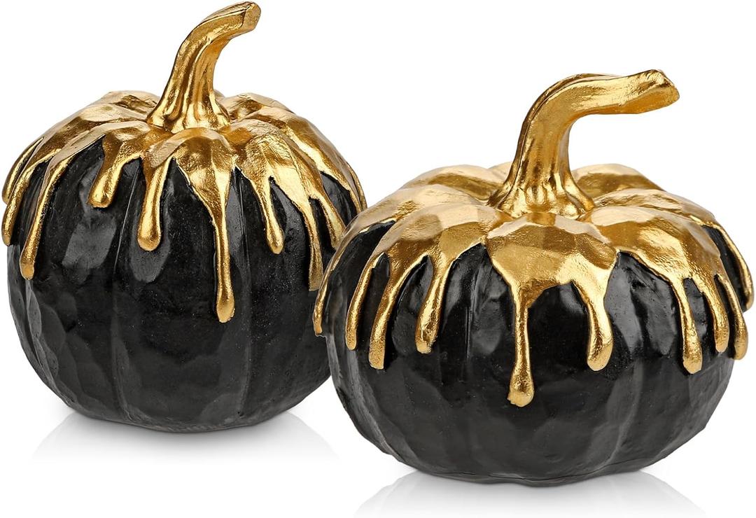 Hollyone Fall Pumpkin Decor 2 PCS Black and Gold Resin Pumpkin Fake Pumpkins for Decorating Figurines Artificial Pumpkins Centerpiece Rustic Farmhouse Halloween Table Fall Decorations for Home
