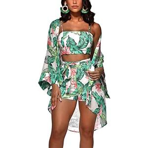 KEYUFANG Women 3 Piece Vocation Outfits Summer Suit Floral Kimono Cardigans Beach Cover Up Crop Cami Top Short Set L