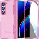 FABSPARK Case for Samsung Galaxy Z Fold 6 Built-in Screen Protector,Hinge Protection,Sparkly Bling Glitter Crystal Clear Transparent Slim Fit Acrylic Hard PC for Samsung Z Fold 6 Case,Glitter Pink