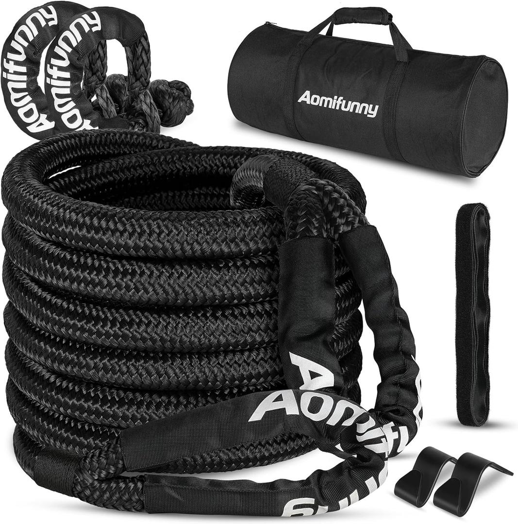 Aomifunny 1" x30ft Kinetic Recovery Tow Rope Kit, 48,800 lbs Break Strength, 35% Elasticity, with 2 Soft Shackles, Heavy Duty Tow Strap for Offroad Jeep, SUV, Truck, ATV, UTV, Tractor & 4x4 Vehicles
