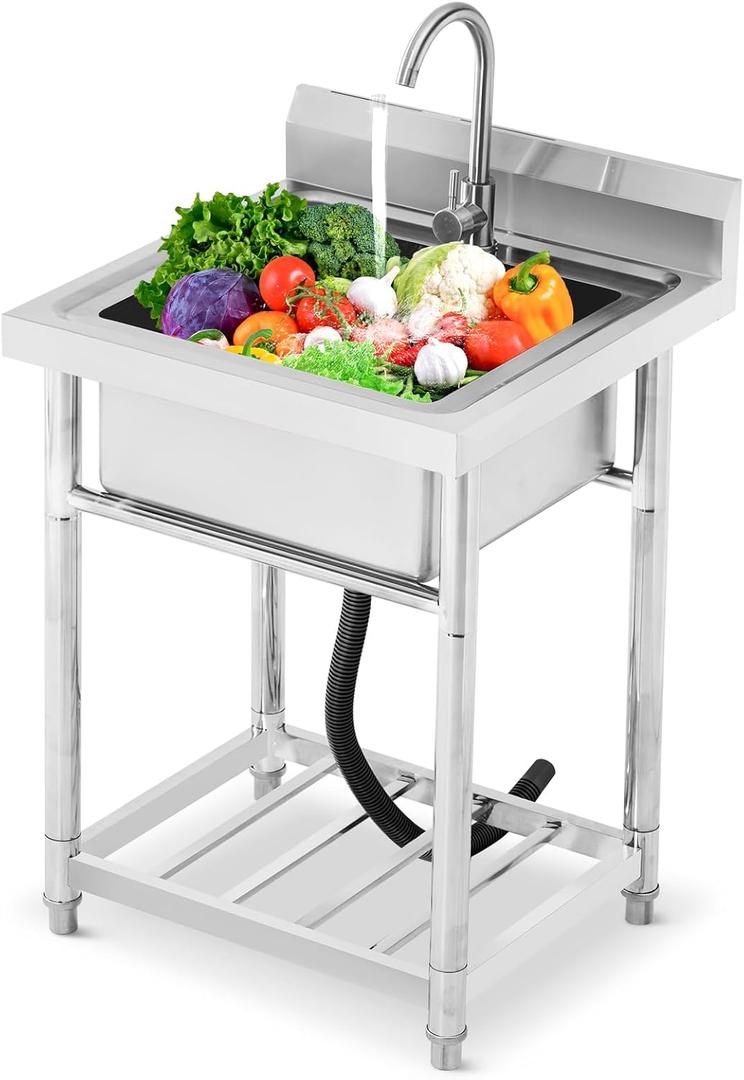 Utility Stainless Steel Sink Free Standing Single Bowl Laundry Outdoor Commercial Kitchen Sink with Cold Hot Pipe for Bar, Garage, Restaurant, Kitchen, Laundry Room, Outdoor, 24" x 24" (Silver)