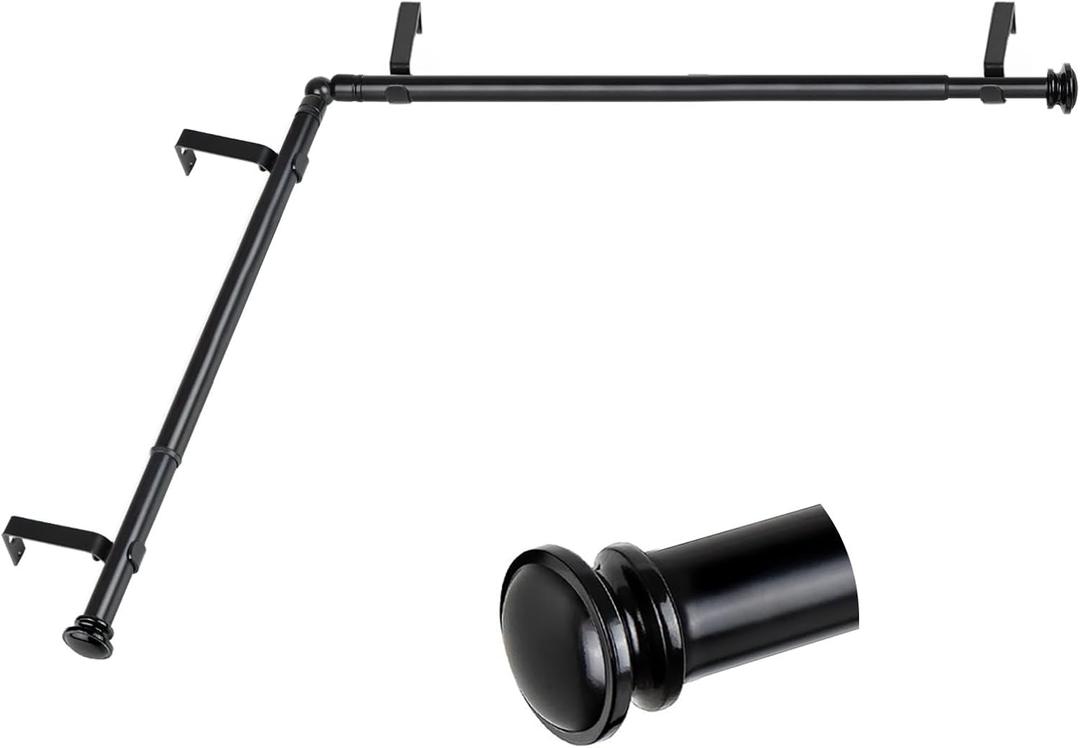 TONIAL Corner Window Curtain Rods, 36 to 72 Inch Center Rod for window 3/4 Inch Decoratice Telescoping Drapery Rods with Small Cap End, Black