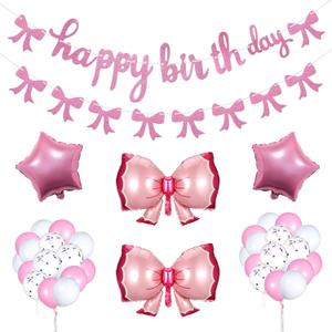 Bow Birthday Party Decorations,Bow Balloons Pink Coquette Party Decorations Includes Lage Bow Ballons,Happy Birthday Banner,Bow Banner,Star Balloon and White Balloon Bouquet