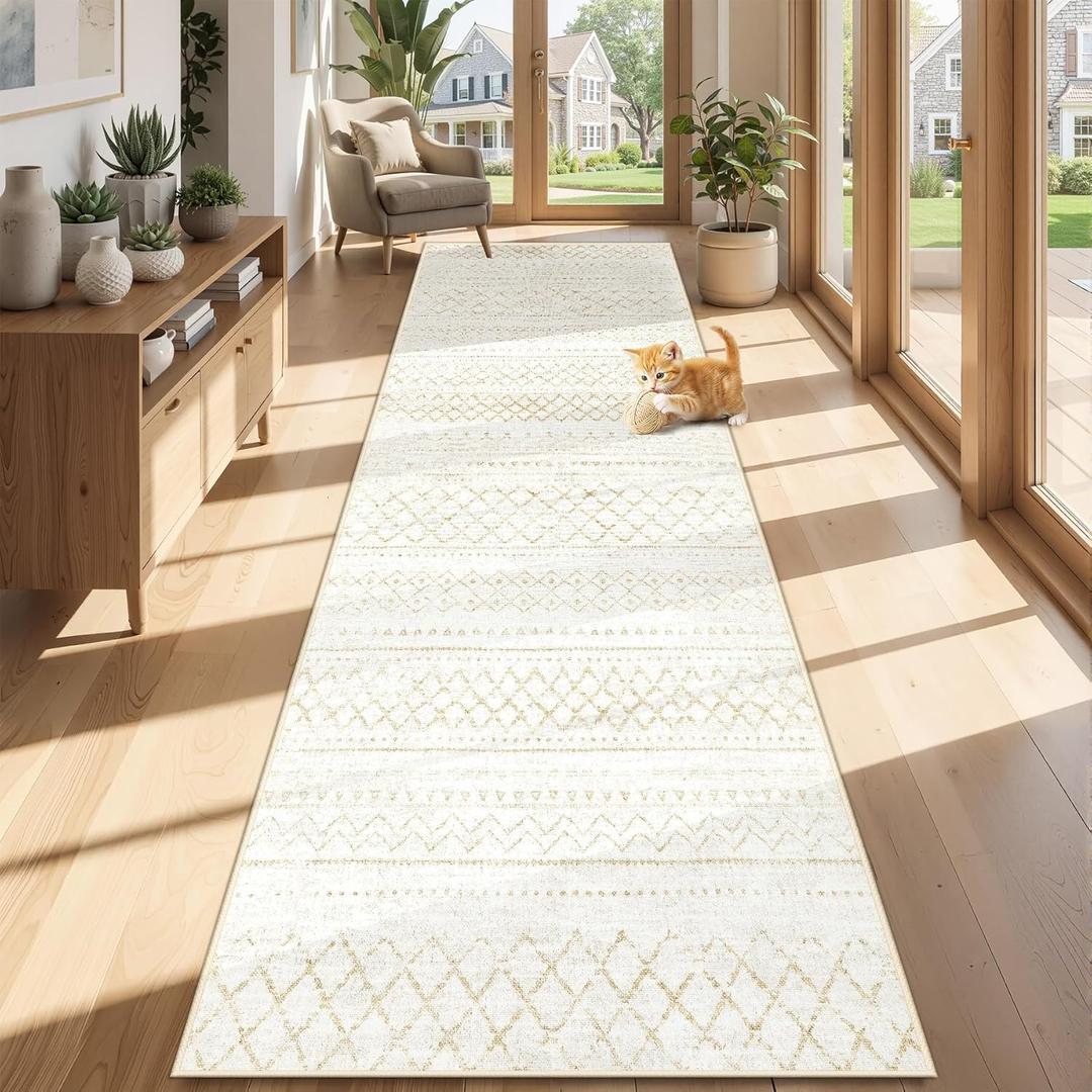 Runner Rug 2x8 Boho Geometric Area Rugs: Washable Kitchen Rug, Soft Non Slip Moroccan Long Hallway Rugs for Bedroom Bathroom Laundry Entryway Staircase Foyer(Beige,2X8)