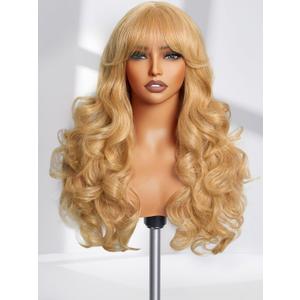 GORGIUS Glueless Wigs with Bang Golden Blonde Loose Body Wave Wig Put on and Go Pre Bleached True Scalp Long Fringe Bangs Wig Upgraded with Style-Archive Premium Fiber