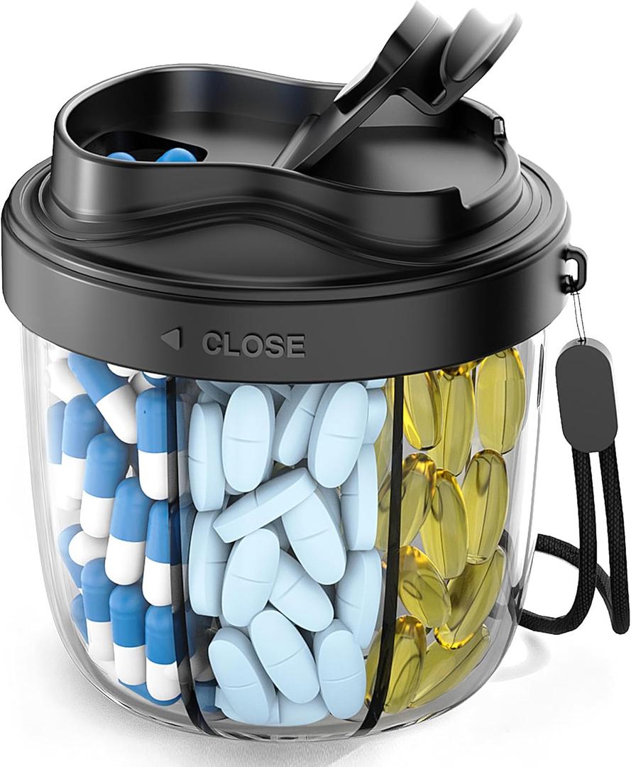 Cute Pill Organizer, Pill Dispenser with 7 Large Compartments, Portable Pill Bottle Box with Wide Opening for Easy Use, Anti-Mix Pills Organizer for Travel, Includes 20 Pcs Sticky Labels (Black)