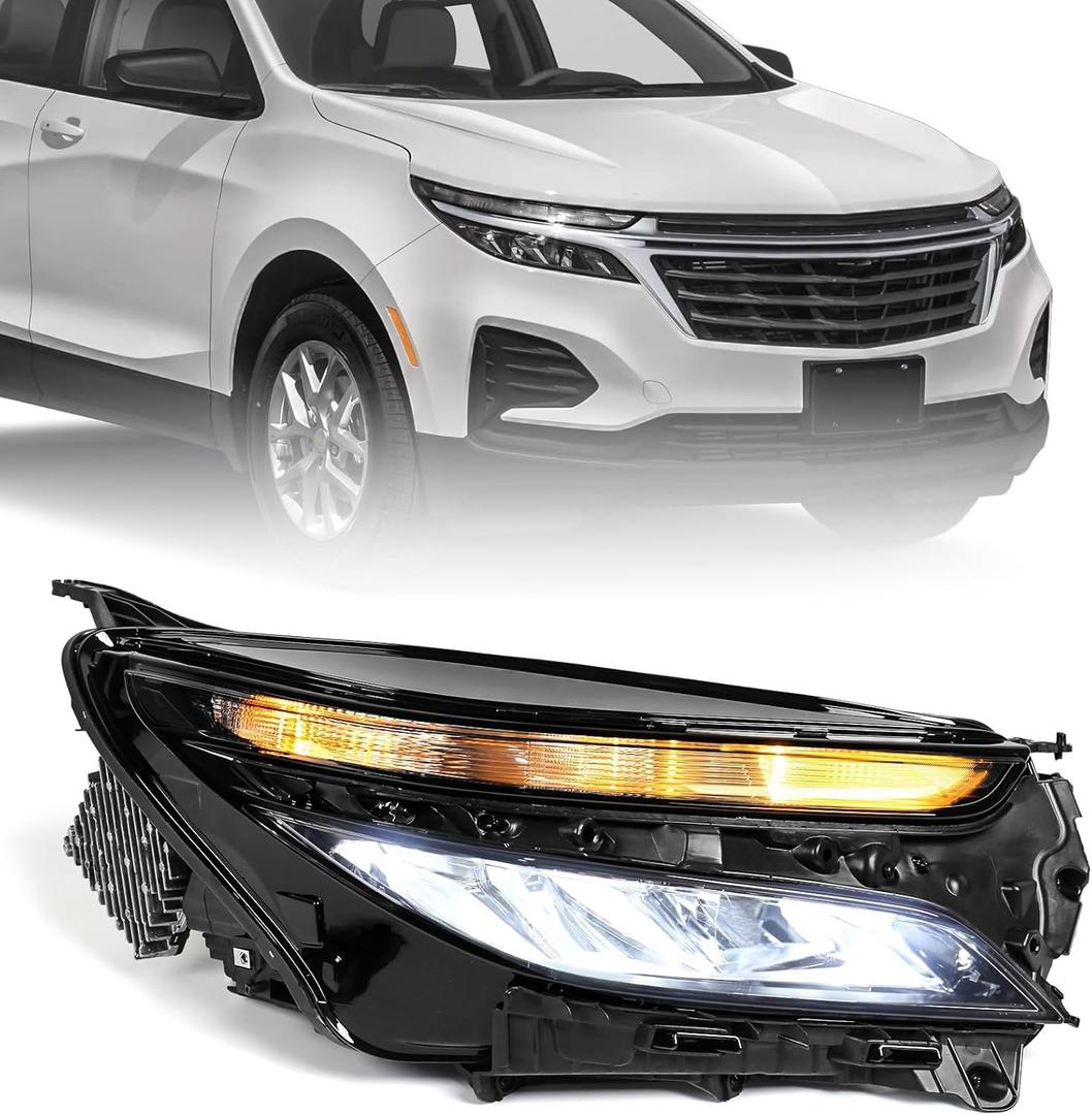 FIONE Headlight Assembly Compatible with Chevy Equinox 2022 2023 2024 LS W/Halogen Signal LED-Beam Black Housing Replacement Headlamp RH Right Side (Right(Passenger))