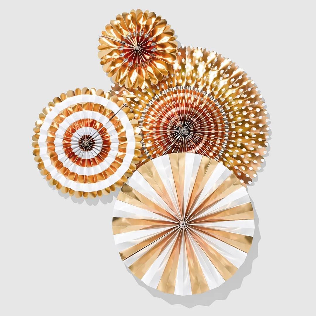 Coterie Gold Party Fans  Set of 4 Hanging Crepe Paper Decorations | Shiny Gold Fans with Paperclips for Easy Display | Elegant Party Backdrop for Birthdays Showers Weddings and More