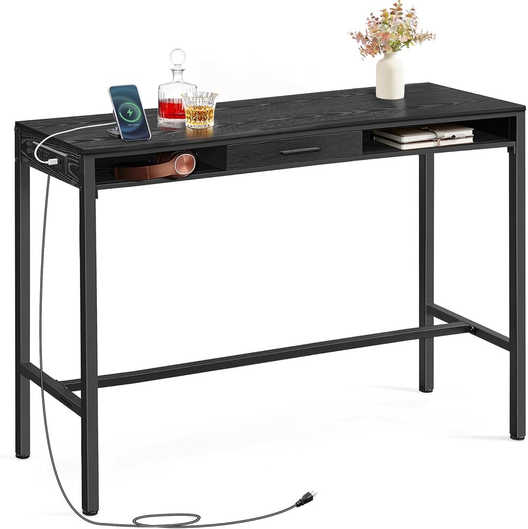 VASAGLE Bar Table with Power Outlets, 47.2 Inches Long Bar Height Pub Table, Rectangular High Top, with Movable Drawer, 2 Hooks, Narrow Storage for Kitchen, Dining, Entryway, Ebony Black