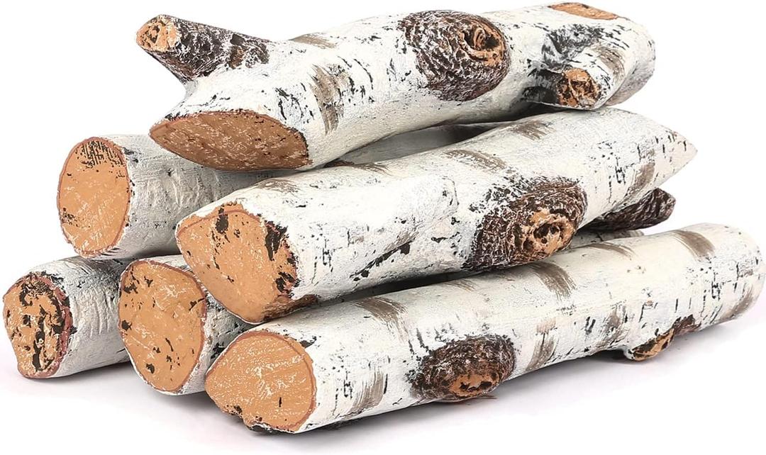 Hisencn Gas Fireplace Logs Set, Ceramic White Birch Log for Gas Fireplace Intdoor Inserts, Vented, Electric Gas Fireplaces, Outdoor Firebowl, Linear Fire Pits Ceramic Fiber Fake Wood Logs, 6pcs
