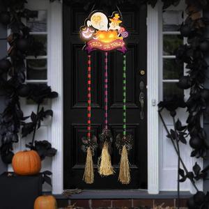 Halloween Witch Broom Decorations, Light-Up Halloween Porch Decor Outdoor, Wooden Witch Broom Sign, Indoor Halloween Wall Decor, Yard Door Decorations for Trick or Treat Sign (Exclude Battery)