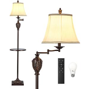Traditional LED Floor Lamp with 350 Adjustable Swing Arm Lamp  Vintage Standing Pole lamp for Living Room, Bedroom and Office  Rustic Upright Floor Light for Home Dcor with Silk Fabric Shade (Brown-1)