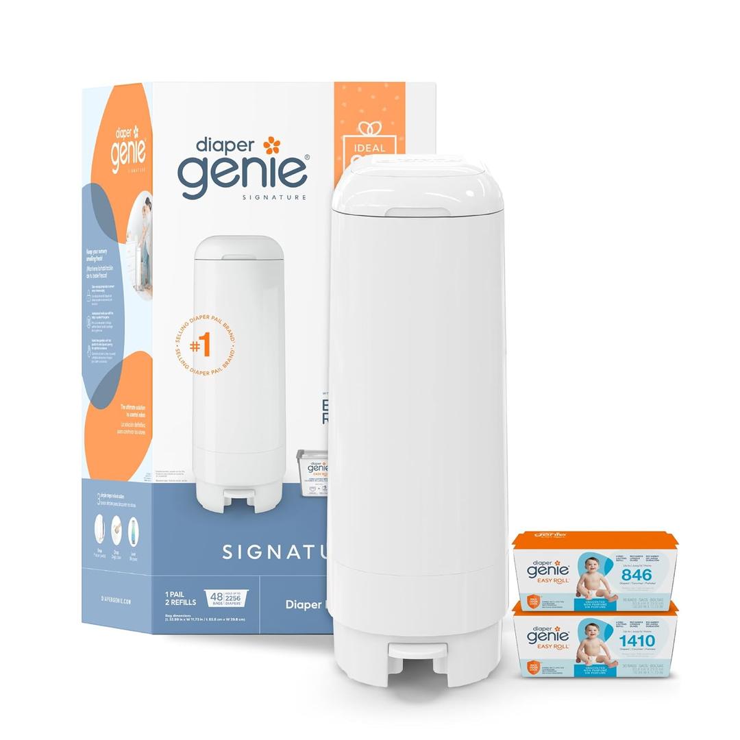 Diaper Genie Signature Gift Set | Includes Easy Roll Refill with 48 Bags | Holds Up to 2256 Newborn Diapers, Plastic