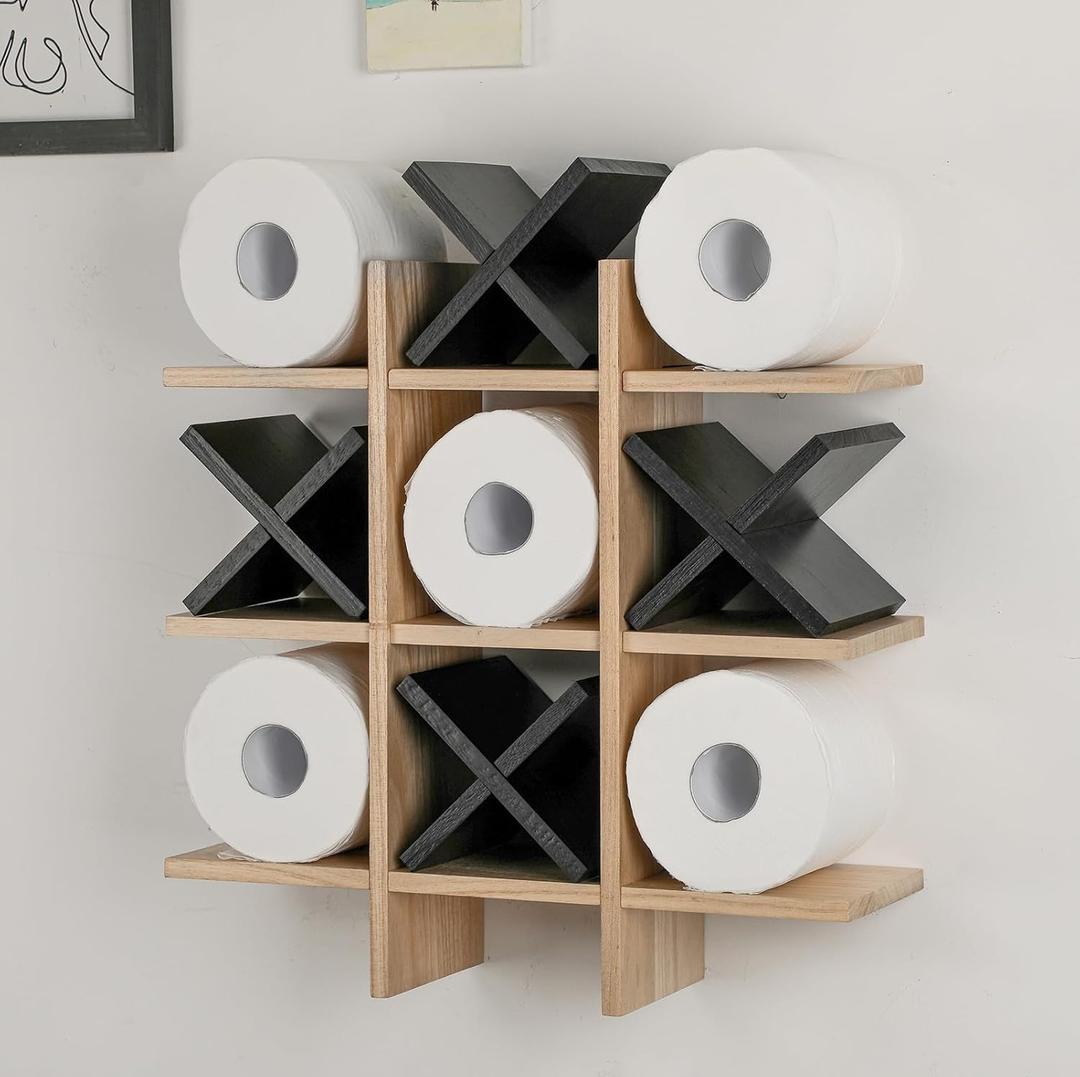 Weysat Tic Tac Toe Toilet Paper Holder Stand Bathroom Wall Decor Rustic Wooden Hanging Storage Freestanding Wall Mounted Shelves Decor for Toilet Tissue Farmhouse