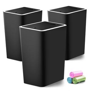 Small Trash Can, 3 Pack 4 Gallons Bathroom Garbage Can with Lid Press-Top, Small Waste Basket with Trash Bags, Slim Plastic Garbage Bin for Dorm, Office, Bathroom, Bedroom, Kitchen, Living Room(Black)