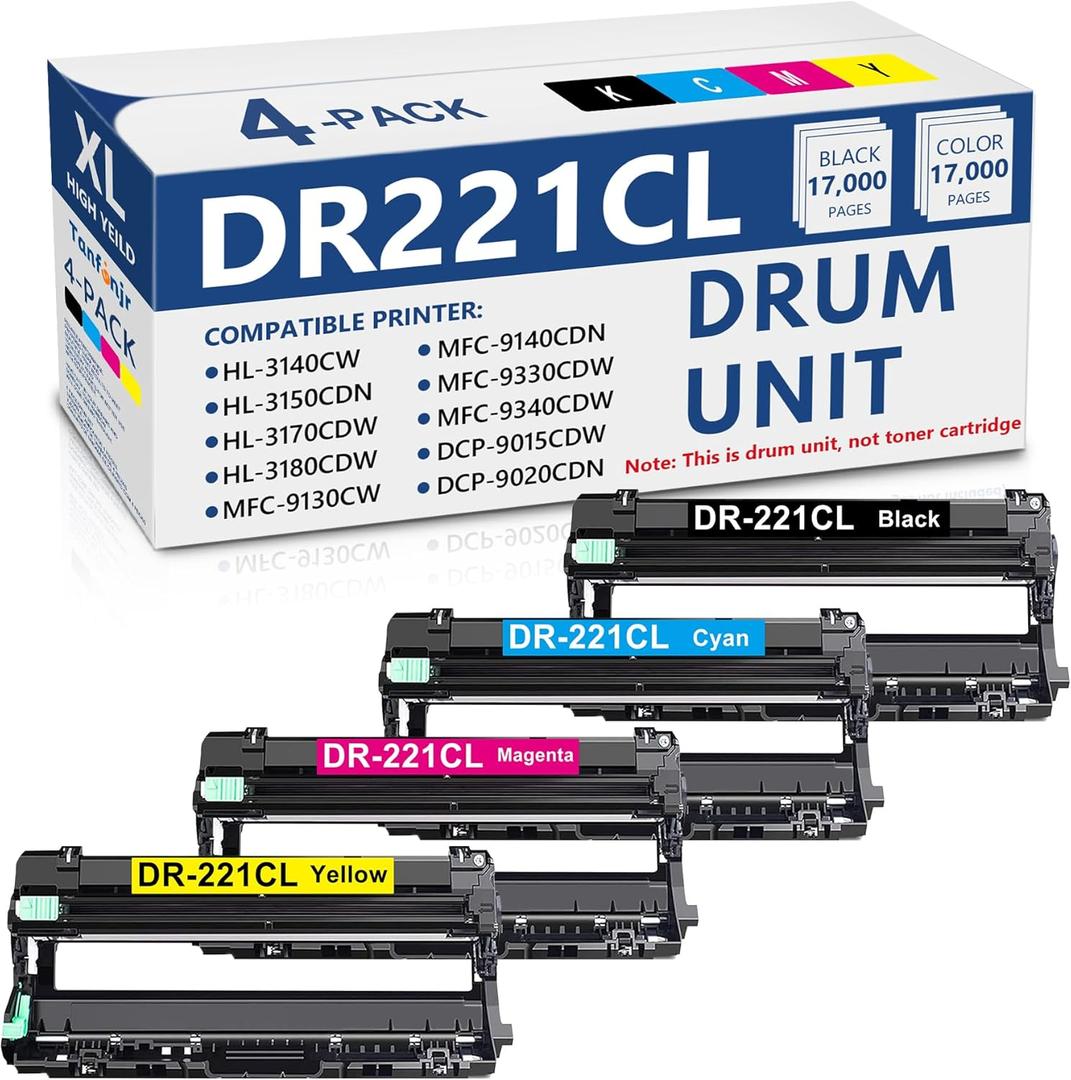 DR221 DR221CL Drum Unit Set 4 Pack Replacement for Brother DR-221CL DR-221CL-BK Drum Unit for HL-3140CW HL-3170CDW HL-3180CDW MFC-9330CDW MFC-9130CW Printer (Only Drum, Not Include Toner) (DR221CL Black, Cyan,Magenta, Yellow)