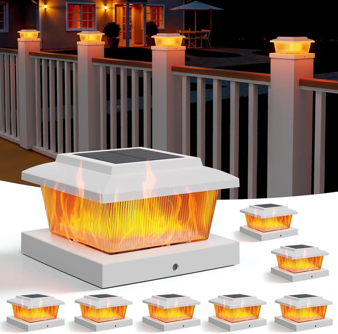 APONUO 8 Pack Solar Flame Post Cap Lights, Flickering Flame & Warm White Modes, IP64 Waterproof SMD LED for 4x4 5x5 Wood/Vinyl Posts, Auto On/Off Solar Powered, Outdoor Deck Yard Fence Decor, White