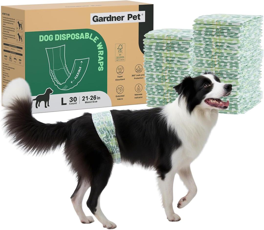 Gardner Pet Male Dog Diapers Disposable 30Ct, Male Dog Wraps with Wetness Indicator & Flashdry Gel Technology, Dog Diapers Male for Puppy Training, Marking, Incontinence, Travel - Large