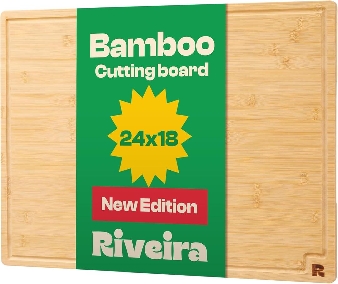 Riveira White Bamboo Wood Cutting Board  Gourmet Bamboo Grandeur: 24 x 18 Wooden Cutting Board  Wooden Cutting Boards For Kitchen Decorative  Innovative Juice Grooves Wooden Chopping Board