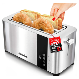 Mueller UltraToast Full Stainless Steel Toaster 4 Slice, Long Extra-Wide Slots for Bagels and Waffles, 6 Browning Levels, LED Display, Cancel/Defrost/Reheat Functions & Removable Tray, Kitchen Gadgets