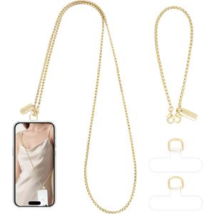 Universal Phone Lanyard Set, Cellphone Chain Crossbody*1 Phone Wrist Strap*1 with 2 Tether Tabs for iPhone 16 and Most Smartphones, iPhone Charm for Women Girls Party Traveling Shopping, Gold (Extended)