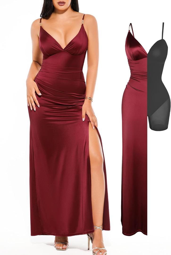 Popilush Women's Sexy Maxi Dress Deep V Neck Ruched Shapewear Dresses Side Slit Formal Cocktail Party Dress (Red, XS)