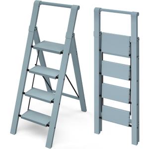 Mayi Plus 4 Step Ladder, Lightweight Folding Step Stool with Convenient Handgrip,Aluminum 330lbs Capacity Step Ladder for Office,Household,Kitchen,Library(Blue)