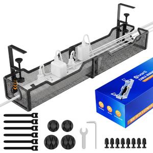 2 pack Upgraded 25.2'' Under Desk Cable Management Tray, No Drill Clamp-On Design Wire Organizer, Cable Organization Box for No Damage to Desk, Metal Cord Organizer for Home Office, Black