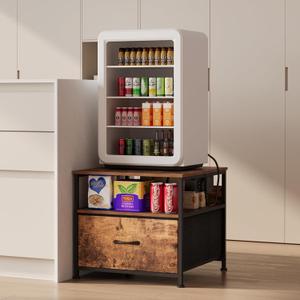 Unionly 180 lb Mini fridge Table with Drawer fridge Shelf, Smal fridge cabinet with storage,Heavy Duty Mini Fridge Standwith Charging Station, 4 Adjustable Feet for Home Kitchen Rustic Brown, 19.69"D x 19.69"W x 17.72"H