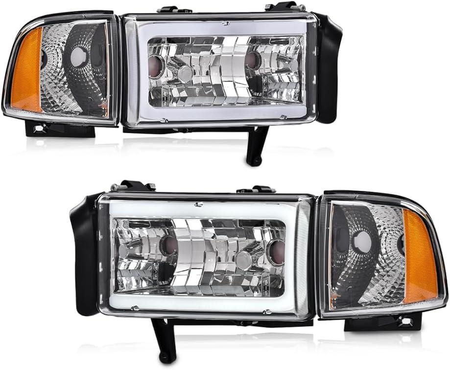 PIT66 Pair Headlight LED Light Strip w/o Bulbs Compatible with Dodge Ram 1500 1994-2001/2500 3500 1994-2002 (Not Fit Sport & Ram Van Model) Headlamps Clear Lens Chrome Housing Amber Refelector