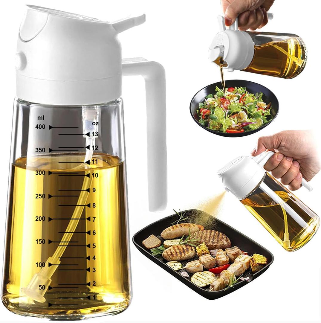 TrendPlain 16oz/470ml Glass Olive Oil Sprayer for Cooking  2 in 1 Olive Oil Dispenser Bottle for Kitchen Gadgets and Air Fryer Accessories, Salad, BBQ - White