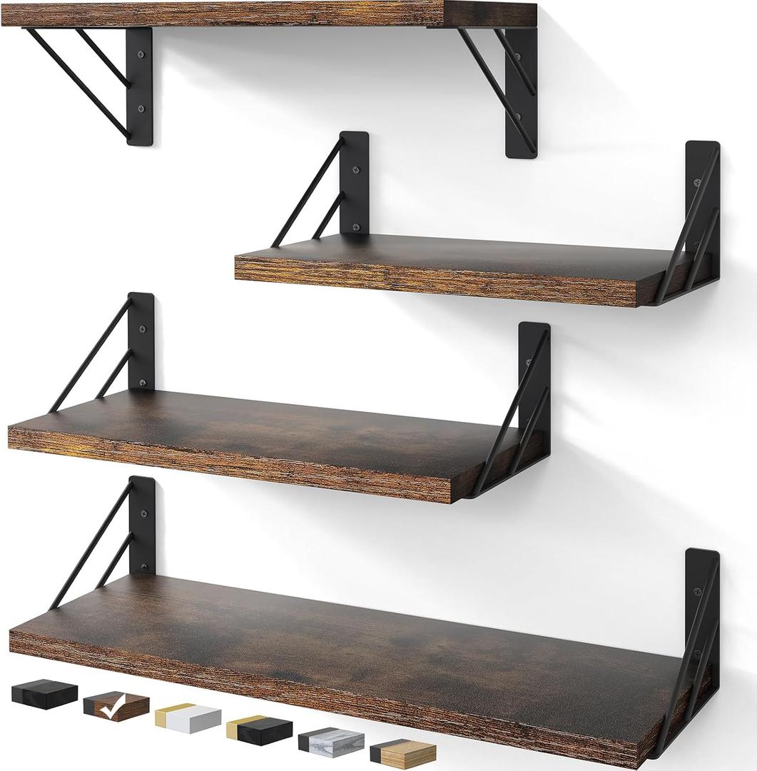 BAYKA Wall Shelves for Bedroom Decor, Floating Wall Shelves for Living Room Kitchen Storage, Wall Mounted Rustic Wood Floating Shelves for Kids Books, Corner Shelf for Bathroom(Rustic BrownSet of 4) (Rustic Brown Board & Black Brackets)